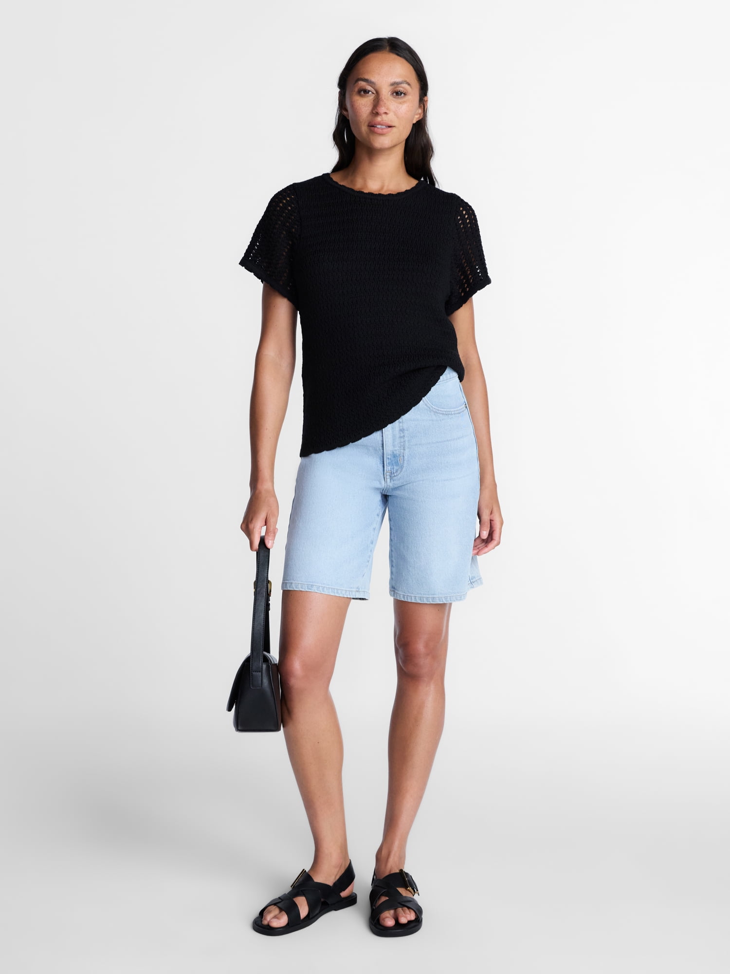 Time and Tru Women's Textured Crewneck Sweater with Short Sleeves, Lightweight, Sizes XS-XXXL
