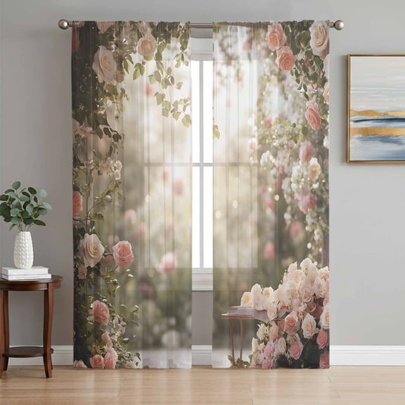 Pink Rose Spring Floral Sheer Curtains 84 Inch Length 2 Panels Set, Summer Roses Flowers Farmhouse Voile Window Treatment Rod Pocket Curtains Sheers Drapes for Bedroom/Living Room/Kitchen 52"x84"x2