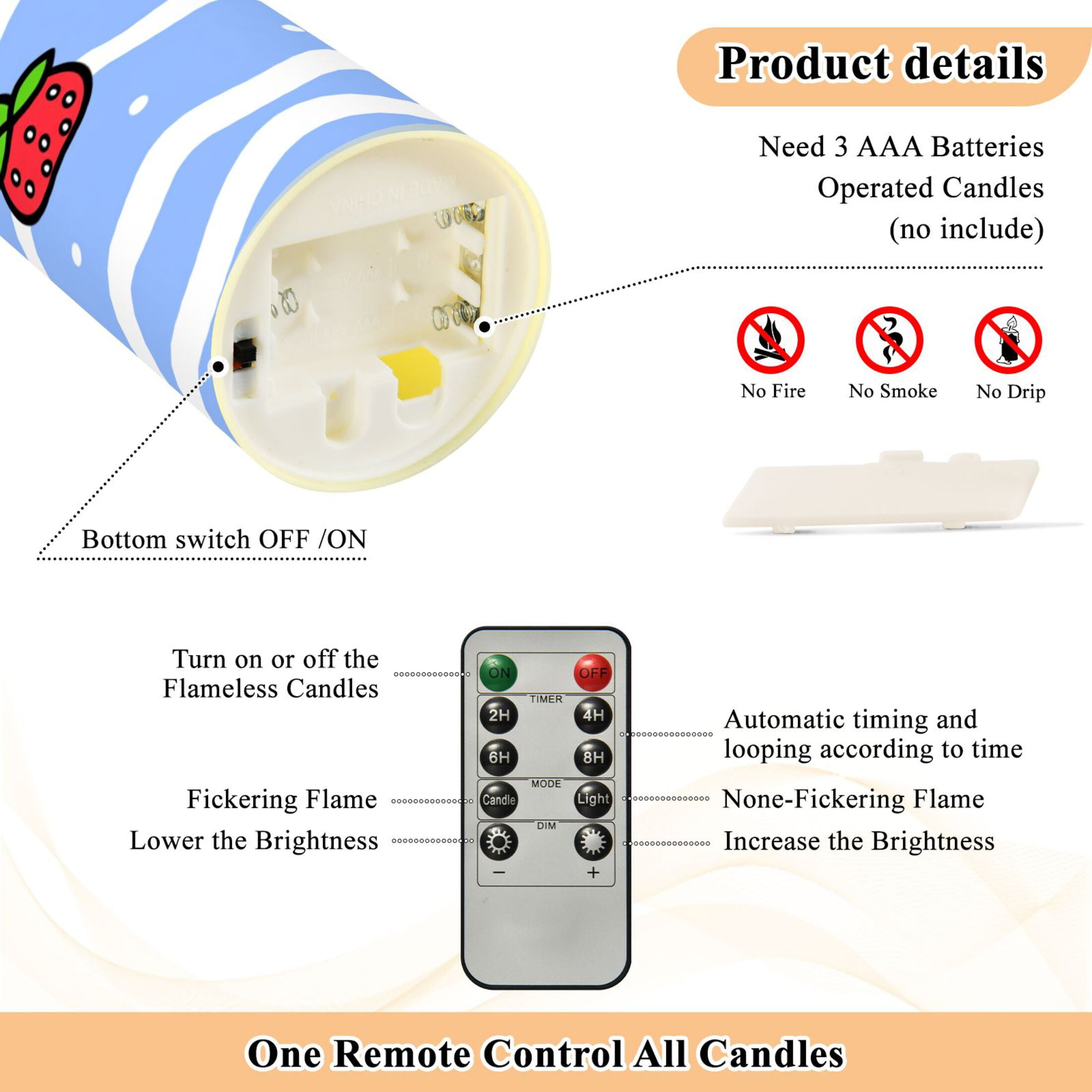 Strawberry Waves Flameless Candles 2 PCS with Remote Realistic Moving Flame LED Tapered Pillar Set for Home Decor