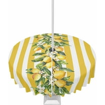 Outdoor Tablecloth with Umbrella Hole and Zipper 60R Summer Lemon Flowers Leaves Yellow White Stripes Table Cover for Round Tables Waterproof Tabletop Collection for Patio Garden Picnic Camping