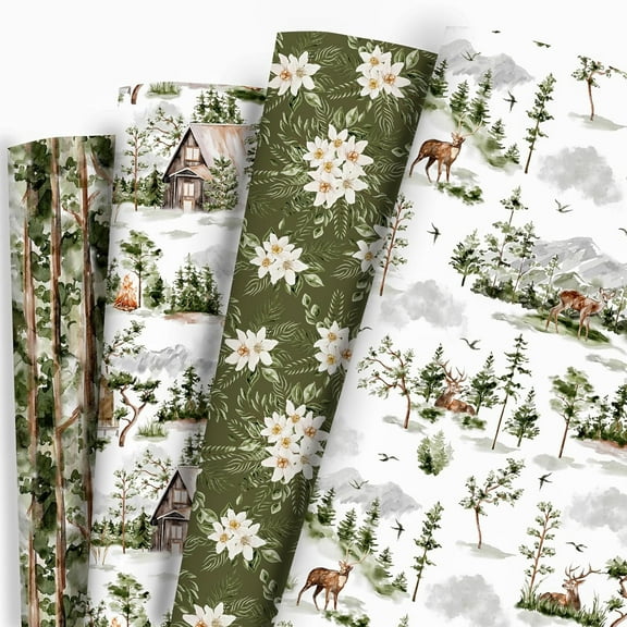 Forest Christmas Wrapping Paper Watercolor Holiday Style Gift Wrap Paper Solar Christmas Tree Vintage Floral Xmas Art Paper for Christmas Winter Wedding Baby Shower, 58x23in, 4 Roll