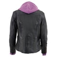 thumbnail image 2 of Milwaukee Leather ML2067 Women's 3/4 Black and Purple Leather Hoodie Jacket with Reflective Tribal Design 5X-Large, 2 of 10