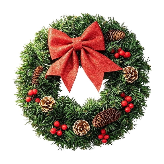 Artificial Christmas Wreath 15.75 Inch Faux Pine Branches with Red Berries And Bow for Front Door Wall Window Holiday Party Decor