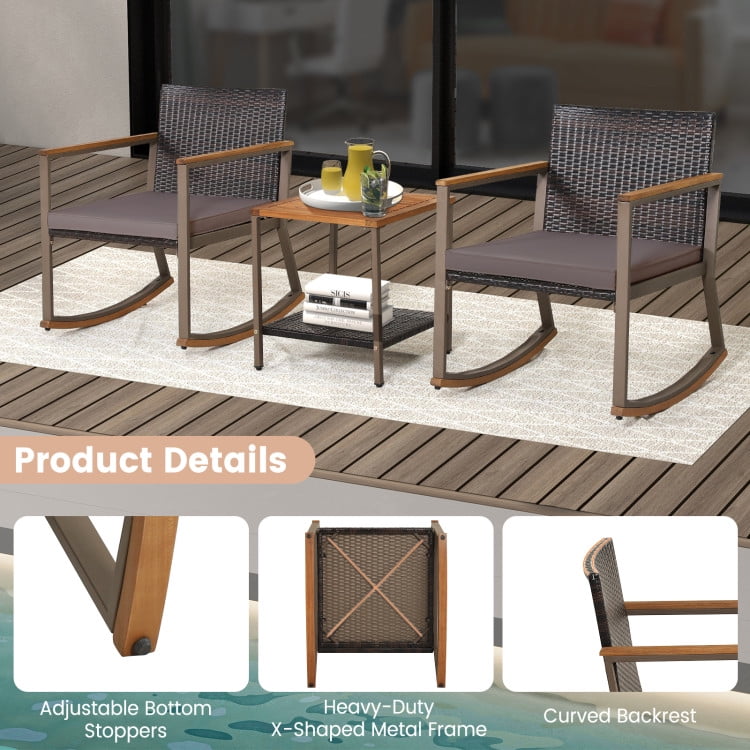 Aimee Lii 3 Pieces Rattan Rocking Bistro Set with Coffee Table and Cushions, Patio Table and Chairs Set, Outdoor Patio Set, Gray