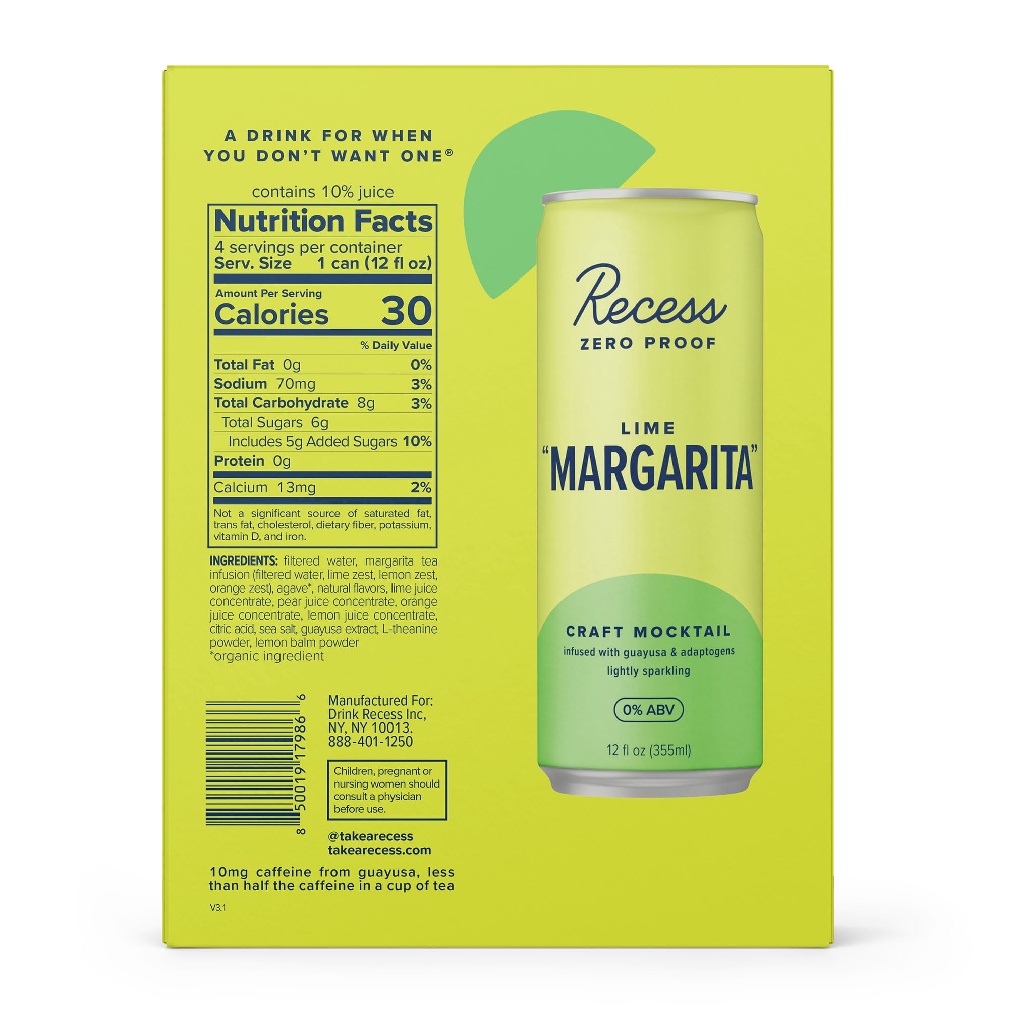 Recess Zero Proof Lime Margarita Mocktail, 12 fl oz 4 Pack