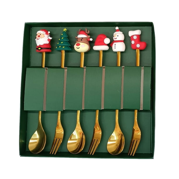 Juego de cucharas navideñas de acero inoxidable con tema de árbol, Papá Noel y estrella. Cucharas para remover café. Utensilios de cocina festivos con caja de regalo
