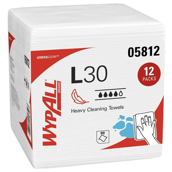 WypAll GeneralClean L30 Cloths Heavy Duty Cleaning Wipes (05812), Quarterfold, Strong and Soft Bulk Paper Wipers, White (12 Packs of 90 Sheets, 1,080 Sheet Total) CA2