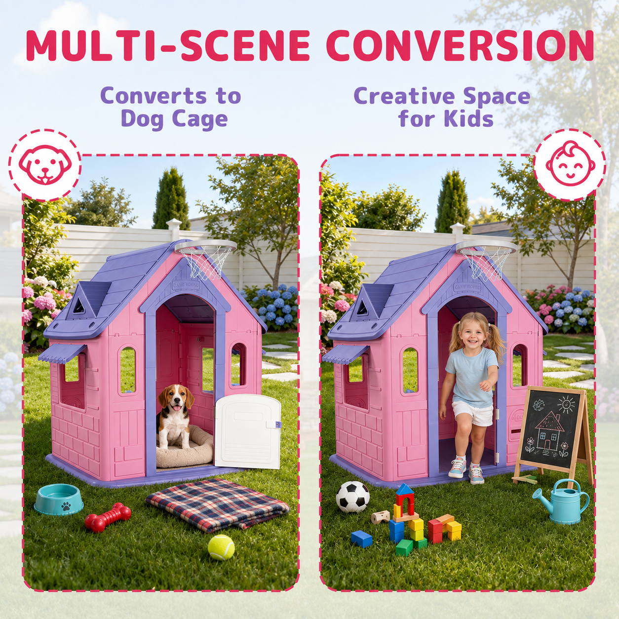 Fenbeli Kids Playhouse with Basketball Hoop, DIY Animal Stickers & Air Pump, Indoor Outdoor Activity Playhouse for Toddlers, Gift for Girls Boys, Pink