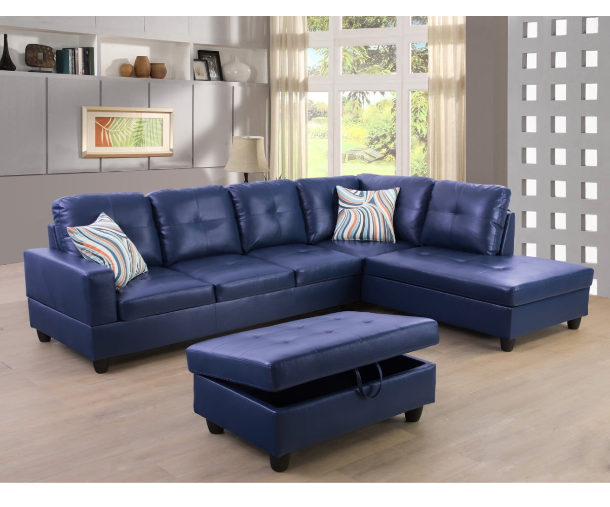 Modern Sectional Sofa Set 3pc L Shaped, Navy Leather Couch