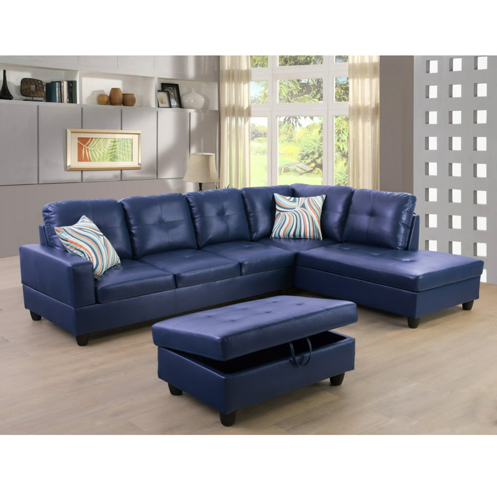 Modern Sectional Sofa Set,3PC L-Shaped Living Room Couches,Blue Leather ...