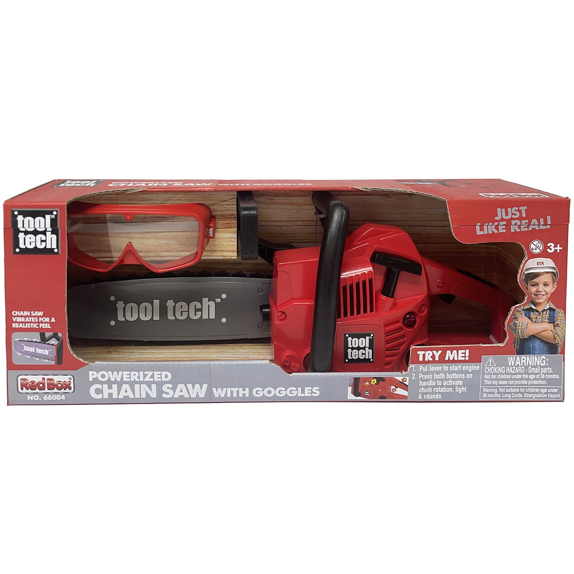 Red Box: Tool Tech: Toy Powerized Chain Saw & Goggles - Lights & Sounds, Realistic Vibrating Motion, Yard Work & Outdoor Pretend Play, Kids 3+