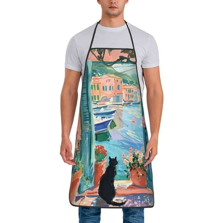 

Lukts Coastal Cat By The Window Print Unisex Tie-Up Aprons Bibs for Chef Kitchen Grill Beverage Shop