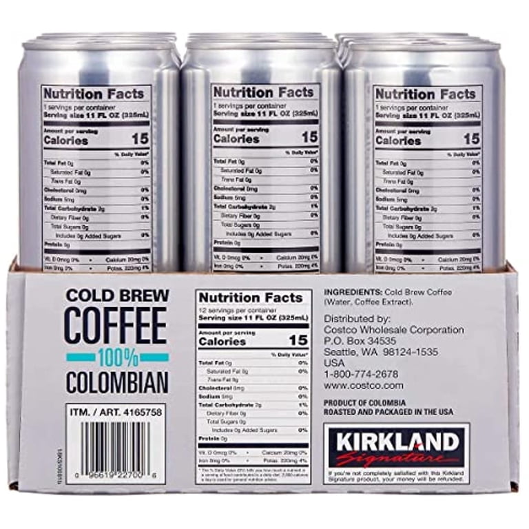 Kirkland Cold Brew Colombian Coffee, 12 Cans, 11 Fl Oz Each, Total