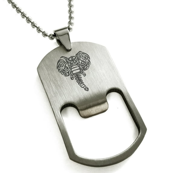 Stainless Steel Juggernaut Elephant Engraved Bottle Opener Dog Tag Pendant Necklace