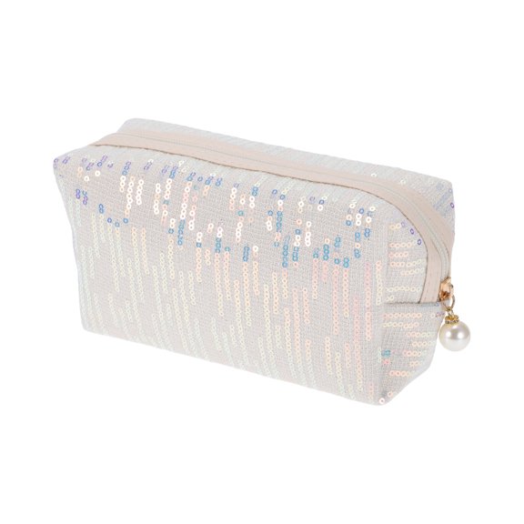 Unique Bargains 1 Pc Women Durable Fashionable Sequin Makeup Bag for Business Travel Beige White Polyester