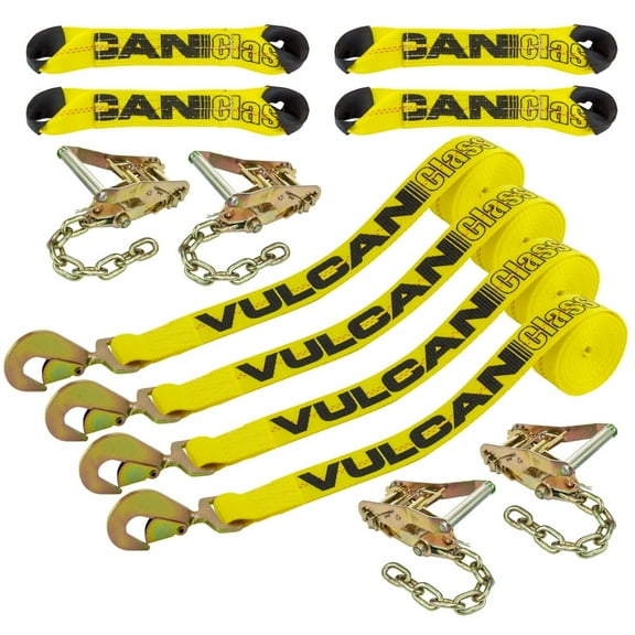 VULCAN 8-Point Roll Back Vehicle Tie Down Kit, Snap Hook on Strap Ends and Chain Tail on Ratchet Ends, Set of 4, Yellow