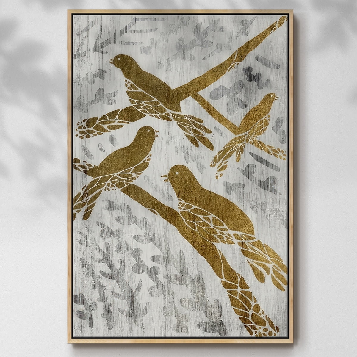 Four Calling Birds - Gold Leaf Holiday - Framed Gallery Wrapped Holiday Canvas - 27 x 41 - Natural Wood Frame