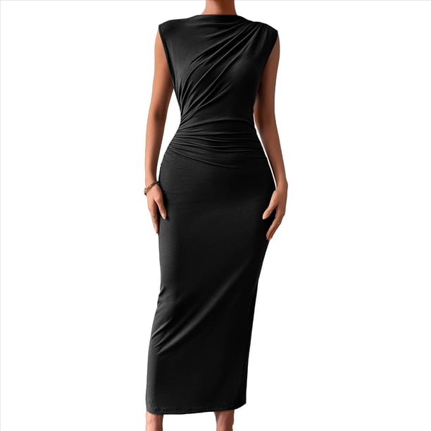 Vestido Ajustado Fruncido para Mujer, Color Negro, Talla L