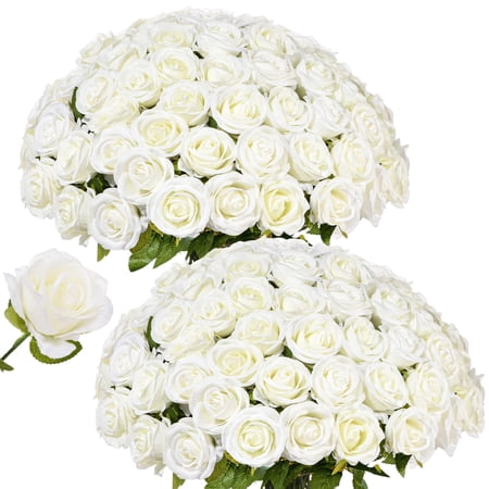50 PCS White Roses Artificial Flowers, Fake White Roses Bouquet,White Artificial Silk Roses with Stems for DIY Wedding Flowers Decoration, Valentines Day Mothers Day, Bridal Bouquet Roses