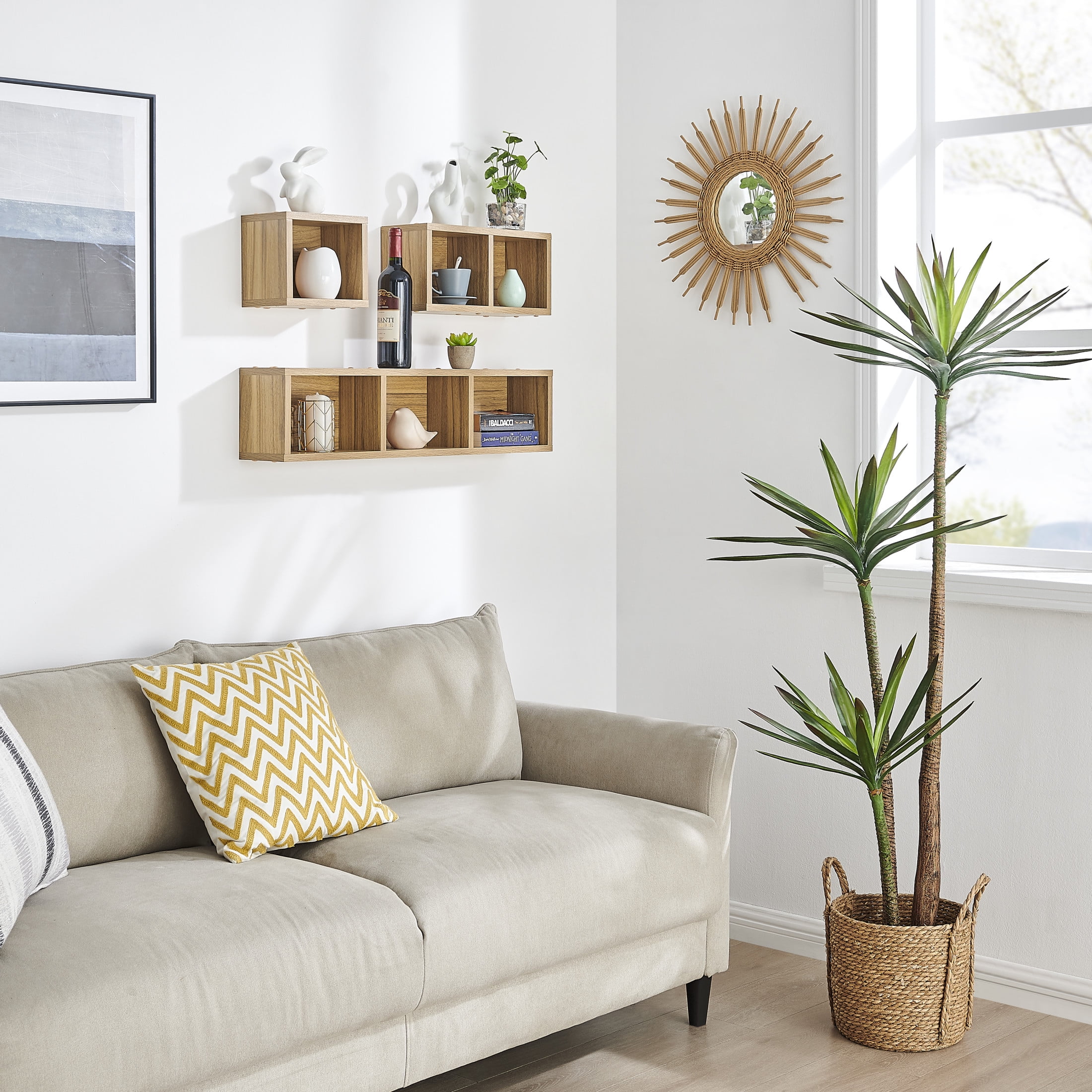 Danya B. Bauhaus Floating Geometric Cubby Wall Shelves - Set of 3 Sizes - Chestnut