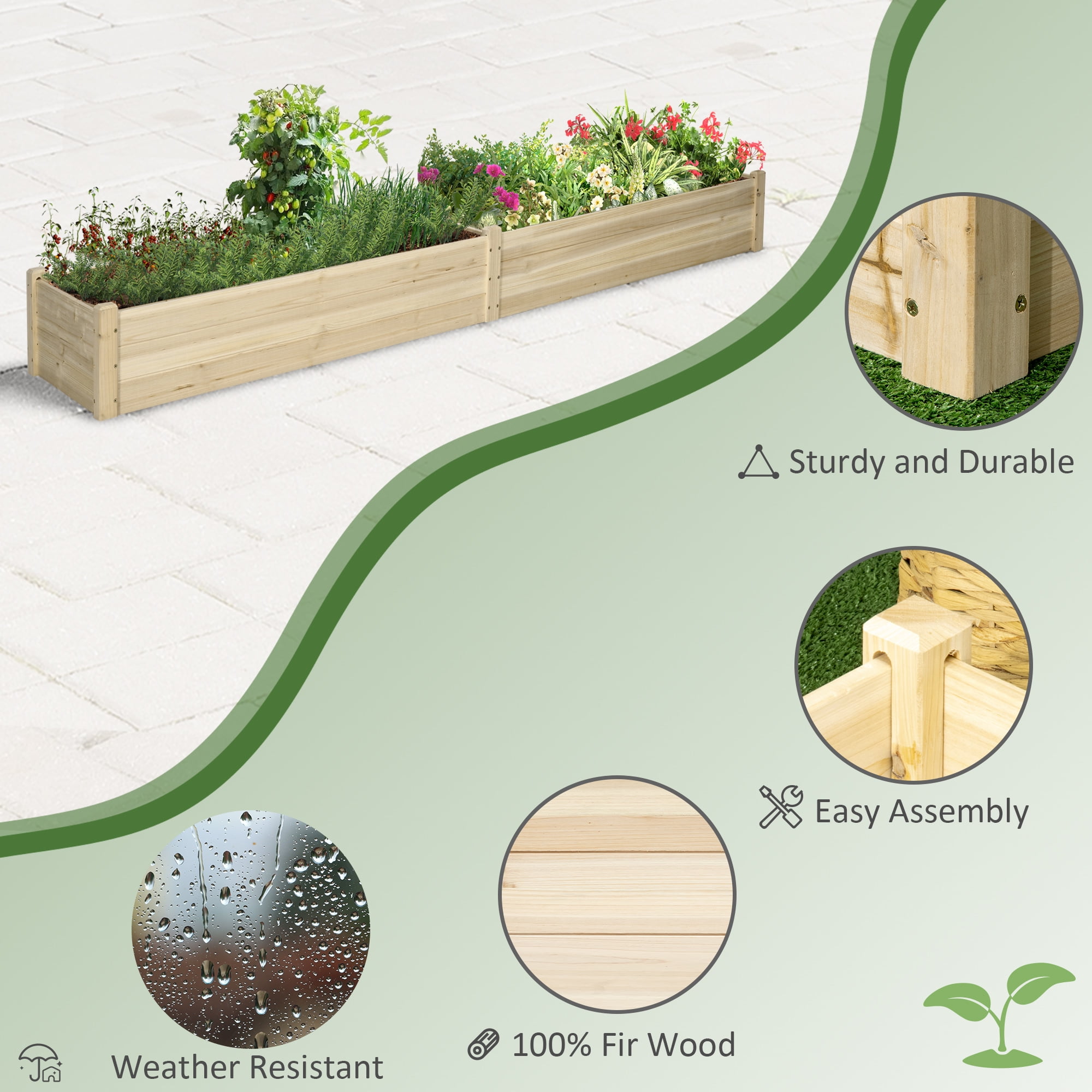 Raised Garden Bed Kit, 8x2ft Wooden Elevated Planter with 2 Boxes, Self Draining Bottom and Liner, Patio to Grow Vegetables, Herbs, and Flowers, Natural