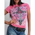 thumbnail image 3 of KelaJuan Women Short Sleeve T-Shirts Fashion Cross Print Crew Neck Shirts Summer Casual Slim Fit Tops Streetwear, 3 of 6
