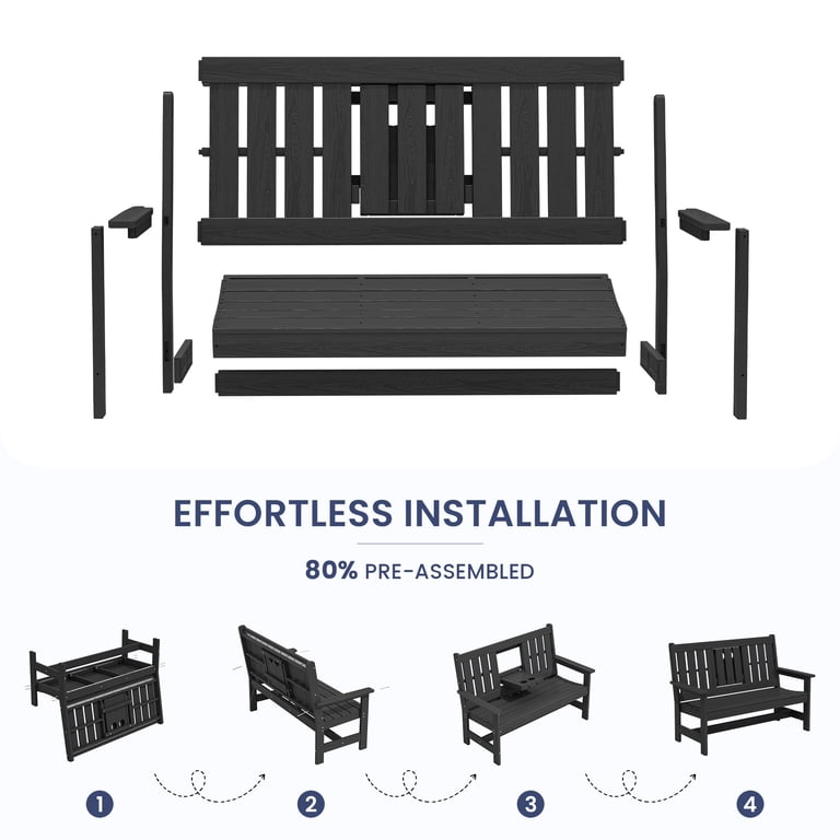 SERWALL Outdoor Bench with Cup Holder, 58", HDPE, Black photo 6