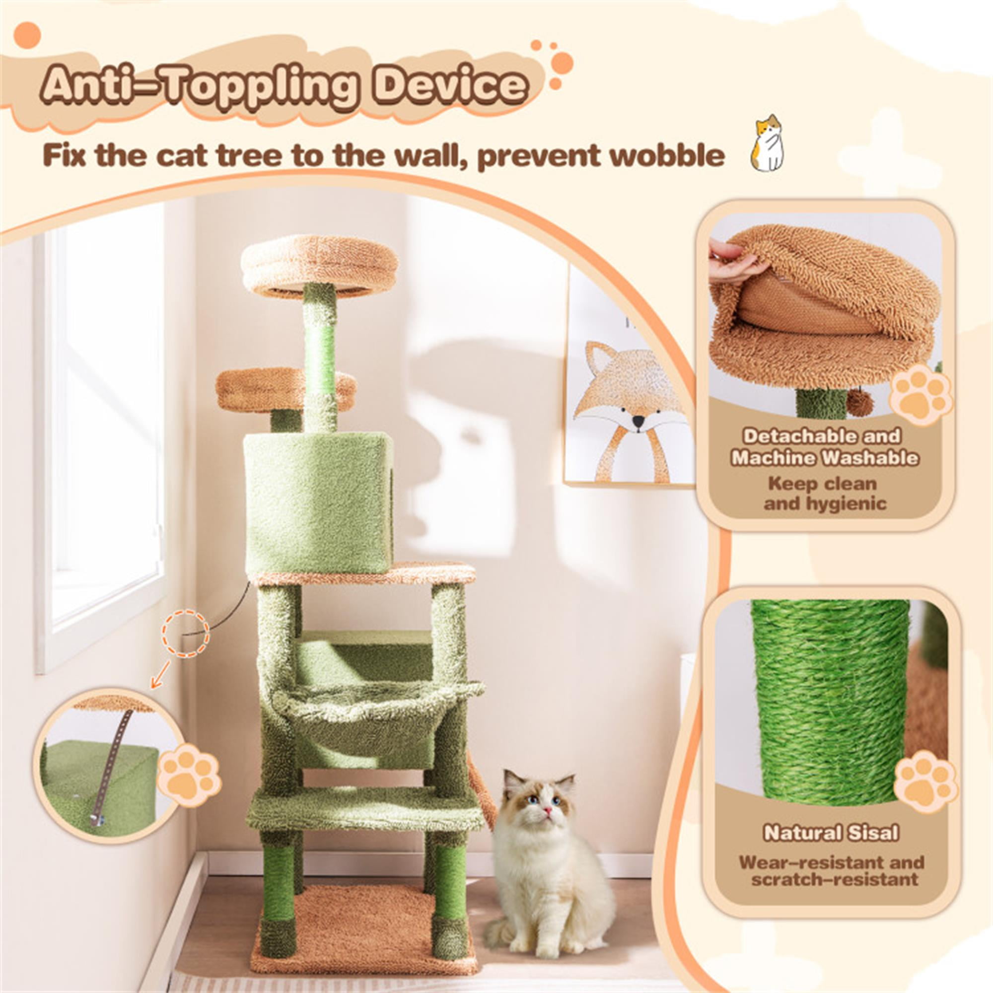 Pefilos 63" Cactus Cat Tree Tower for Indoor Cats, Multi-Level Cat Condo, Cat Tree House with Hammock, Sisal Scratching Posts and Ladder, Green Pefilos 63" Cactus Cat Tree Tower for Indoor Cats, Multi-Level Cat Condo, Cat Tree House with Hammock, Sisal Scratching Posts and Ladder, Green