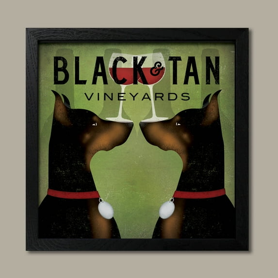 Black and Tan Vineyards - Double Doberman Pinschers Wine by Ryan Fowler; One 12x12 Black Framed Print