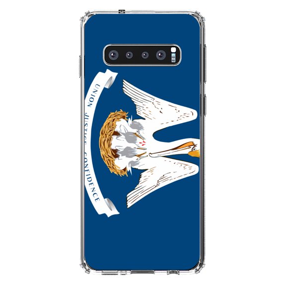 DistinctInk Clear Shockproof Hybrid Case for Samsung Galaxy S10  PLUS(6.4" Screen) - TPU Bumper, Acrylic Back, Tempered Glass Screen Protector - Louisiana State Flag - US State Flag