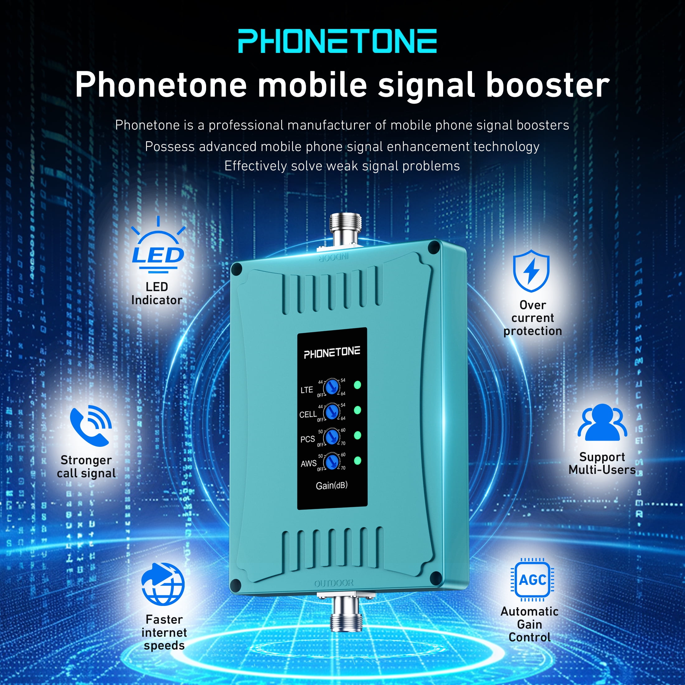Phonetone Cell Phone Signal Booster, Boosts 5G/4G, Smart, Compatible All US Carriers, FCC Approved