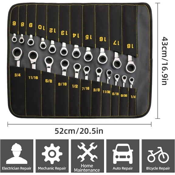 Ratcheting Wrench Set, Combination Wrench Set, 22-Piece SAE & Metric and Standard, 72Th Long Open End, 1/4" to 3/4" & 6-18mm, Organizer With Roll Up Pouch, CR-V Socket Mechanic Hand Tools Sets