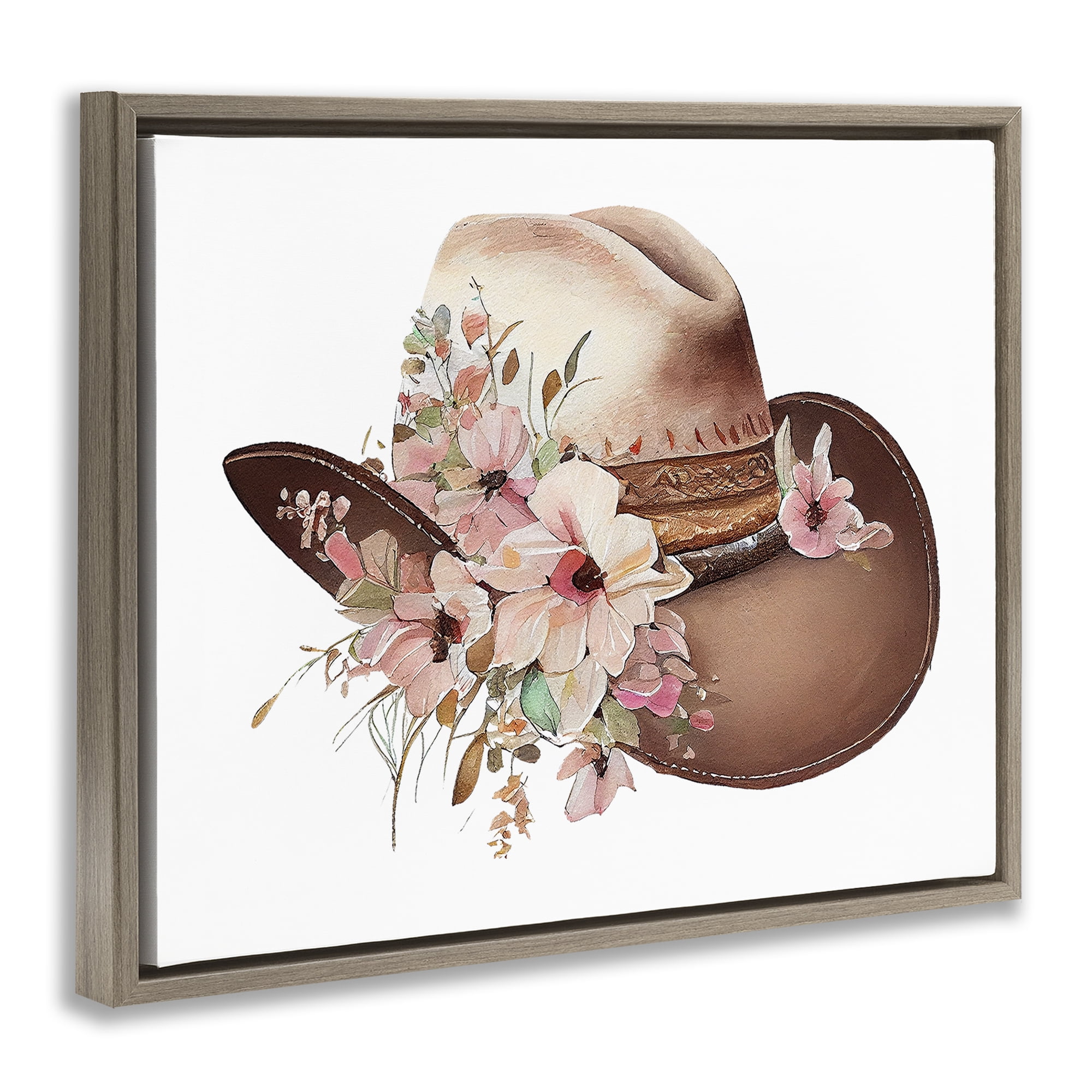 Stupell Industries Pink Floral Cowboy Hat Plants & Flowers Painting Brown Floater Framed Canvas Art Print Wall Art, 31 x 25
