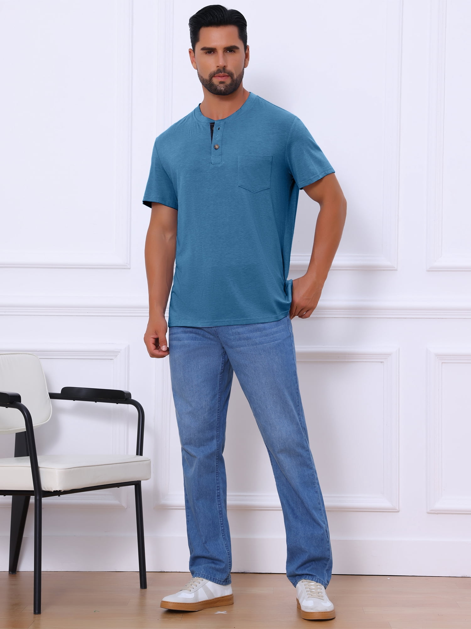 DARING DIVA Men's Casual Summer Short Sleeves Button Henley Basic Tee XL Dark Blue