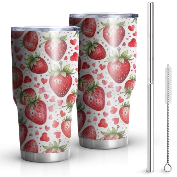 30oz Red Strawberry Plants Fruit Heart Tumblers Stainless Steel Tumbler with Lid and Straw,Vacuum Insulated Double Wall Travel Tumbler Cups Mug with Cleaning Brush for Coffee,Tea