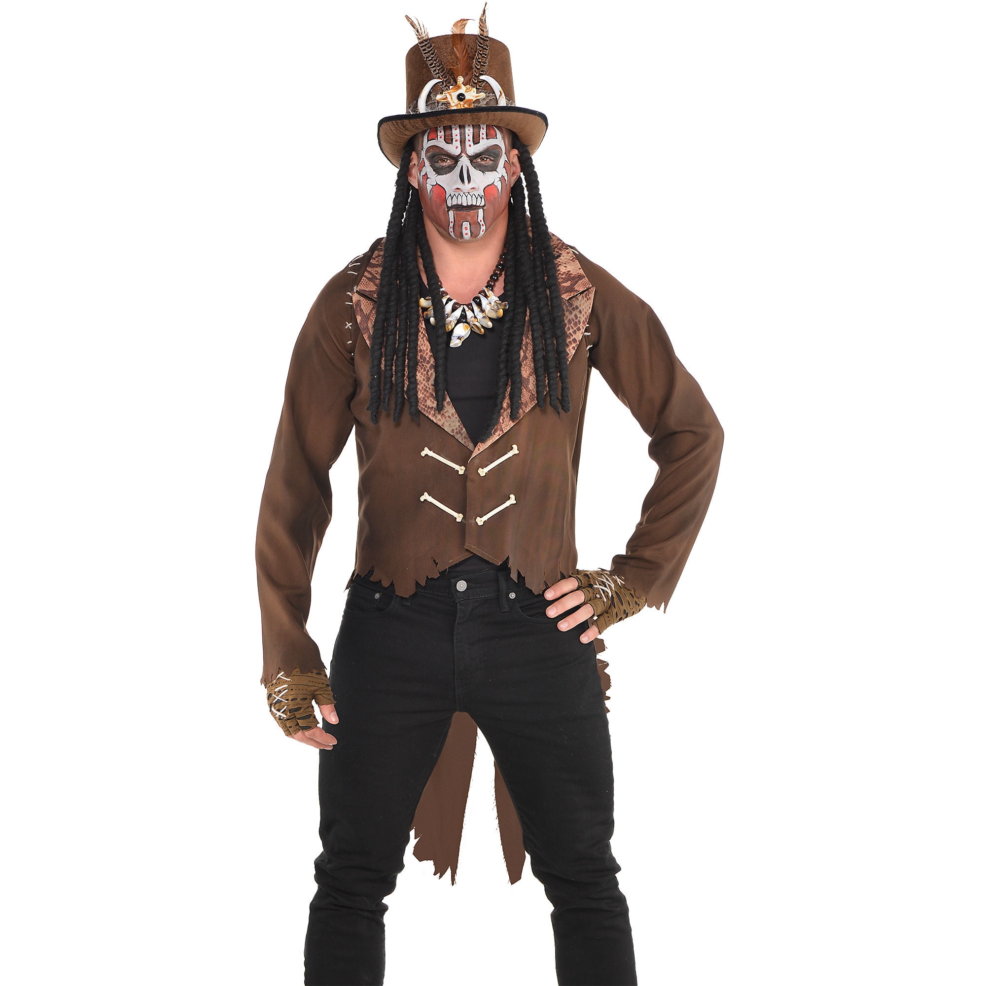 Hat Costume Voodoo Black Magic Halloween Fancy Dress Mens Witch Doctor Top 