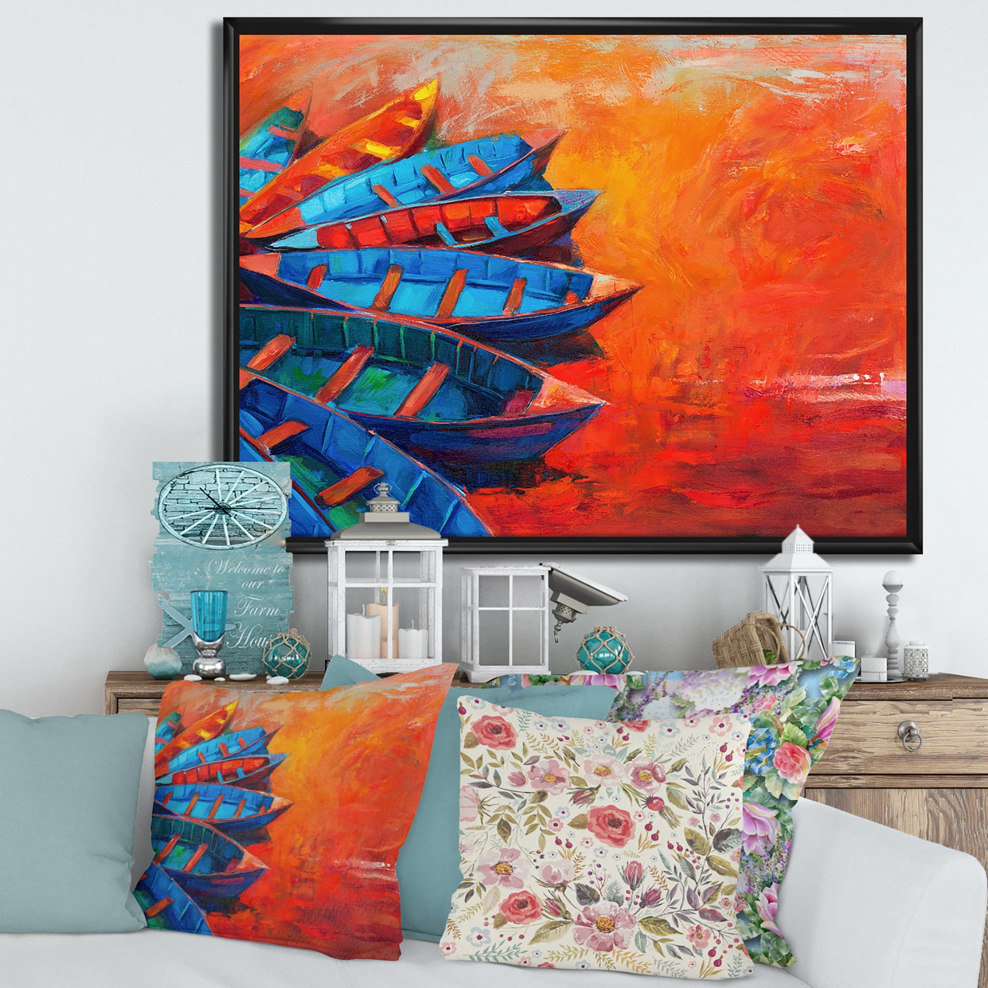 Boats During Warm Sunset Resting On The Water V' 32" x 24" Framed Painting Canvas Art Print, by Designart