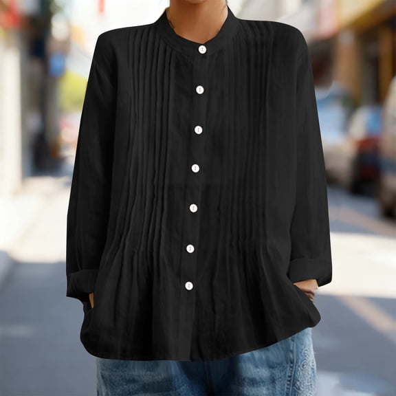 UQJfacai Linen Shirts for Women Summer Long Sleeve Button Down Shirt Spring Vacation Beach Loose Ruffle Hem Casual Blouses S-2XL