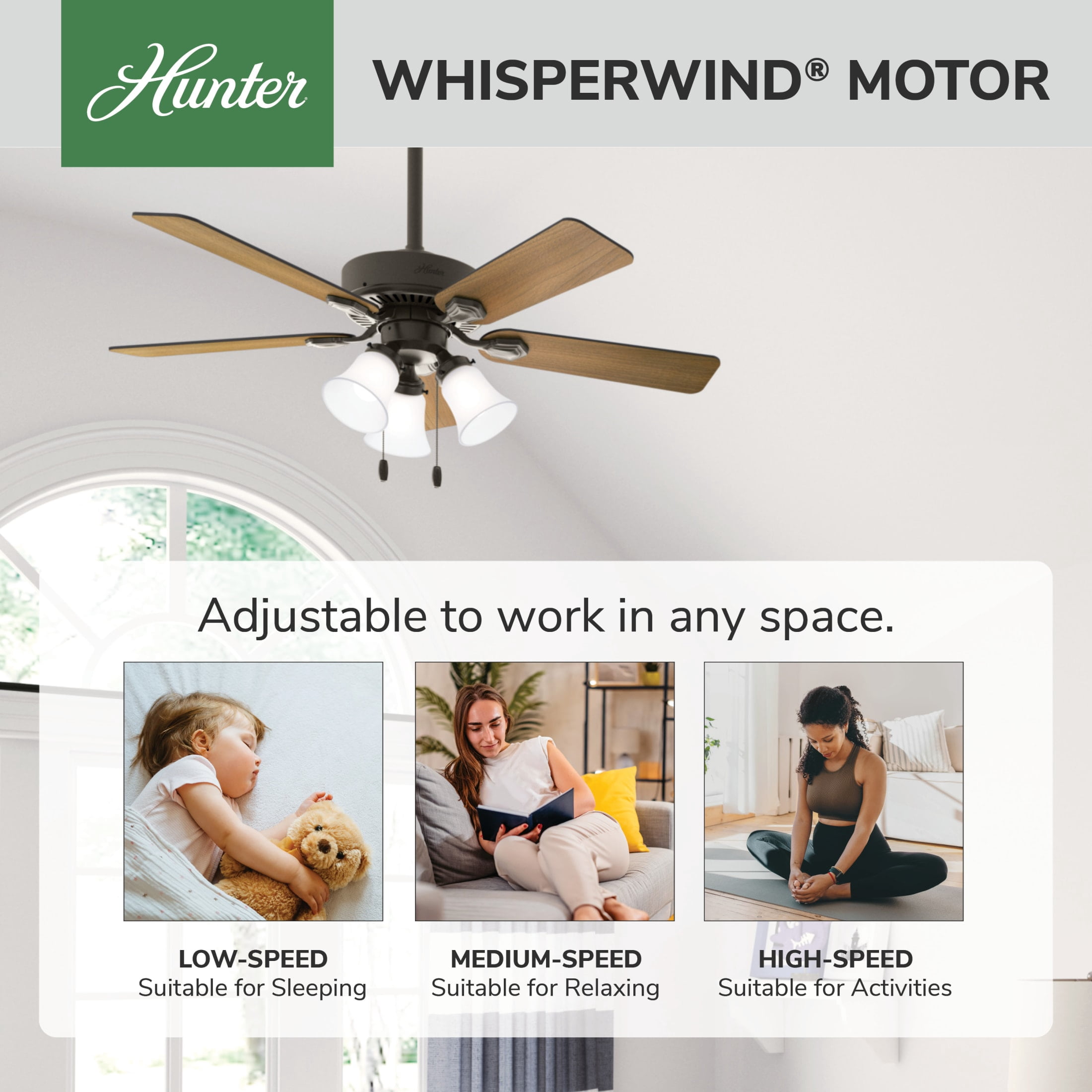 Hunter - Swanson Indoor Ceiling Fan With Light, 44-inch, New Bronze, Traditional-style, 3-speed WhisperWind Motor, 50881, for living rooms, bedrooms, home offices, kitchens