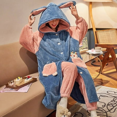 

DanceeMangoo Women Sleepwear Plus Size XXL Winter Pyjamas Intensification Nighty Loose Version Medium Style Hooded Pajamas Plush Pajama set