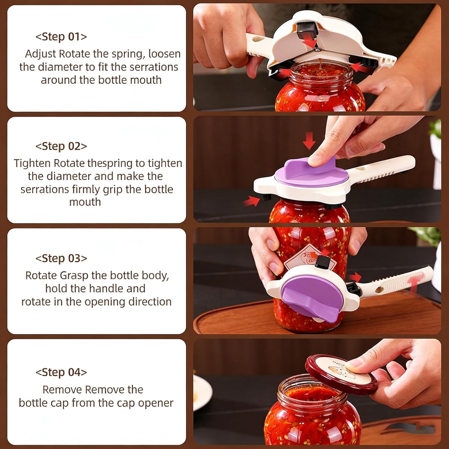 4 in 1 Multi-Purpose Jar Opener, Adjustable Three Claw Non-Slip Bottle Opener for Jars Cans Wine Bottles, Home Kitchen Helper for Seniors