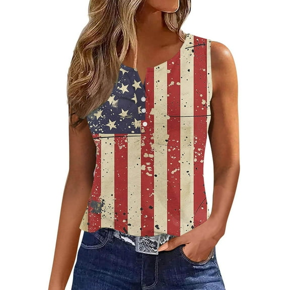 GERsome Womens 4th of July Tank Tops Button Up V Neck Sleeveless American Flag Stars Stripes Graphic Patriotic T Shirts S-2XL