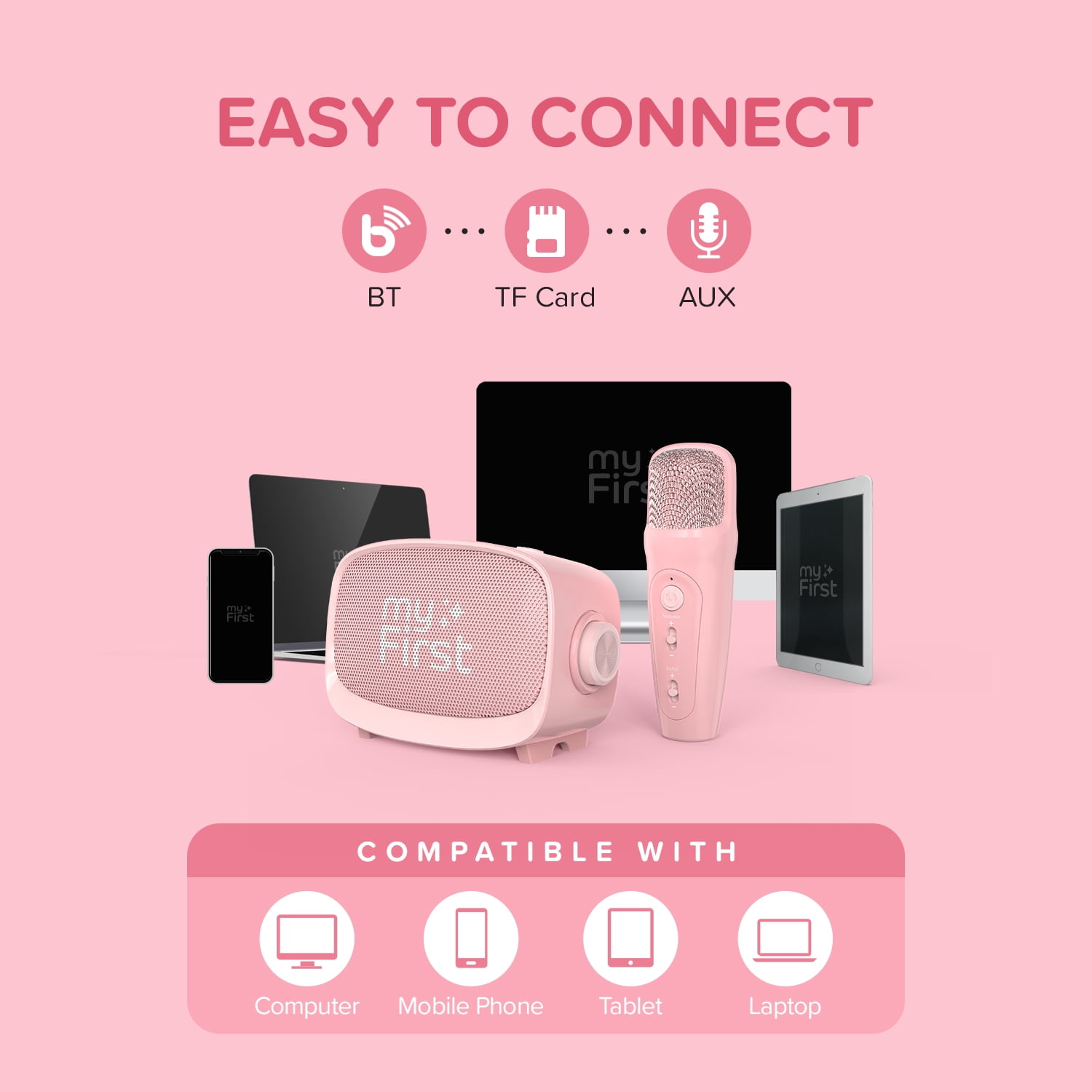 myFirst Voice 2 Kids Karaoke Machine: Portable Bluetooth Speaker, Wireless Microphone with 5 Voice Changers (Pink)