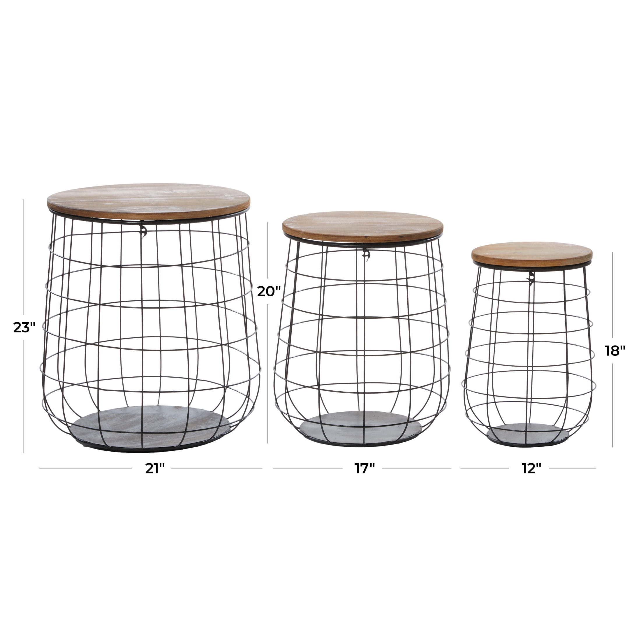 DecMode 18", 20", 23"H Black Metal Caged Storage Basket with Wooden Lift Top Lids, 3-Pieces