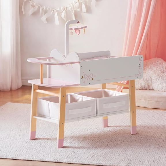 ROBUD Wooden All-in-One Baby Doll Changing Table with Mattress, Removable Sink, 2 Fabric Drawers, Bed Bell, Doll Furniture with Realistic Details for Kids 3 , Fits Dolls Up to 20 in, Pink