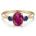 thumbnail image 3 of Gem Stone King 10K Yellow Gold Red Created Ruby and Blue Created Sapphire 3-Stone Ring for Women | 1.63 Cttw | Oval 8X6MM | Gemstone July Birthstone | Size 9, 3 of 6