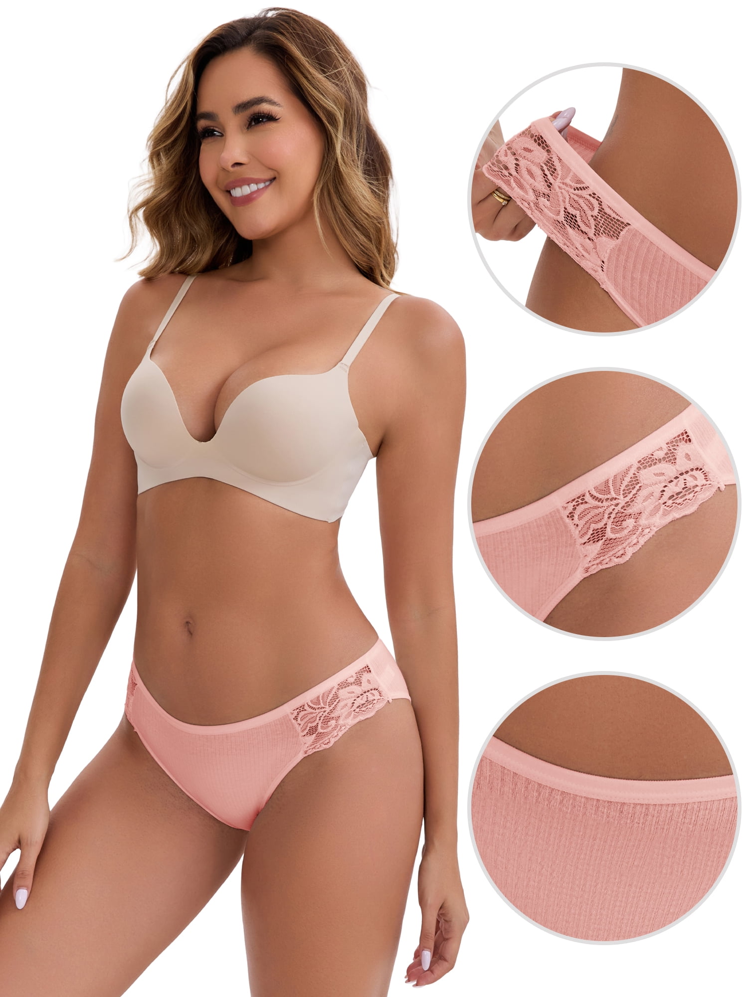 DARING DIVA Women's Lace Ribbed Low Waisted Butt Lifting Underwear XL Light Red