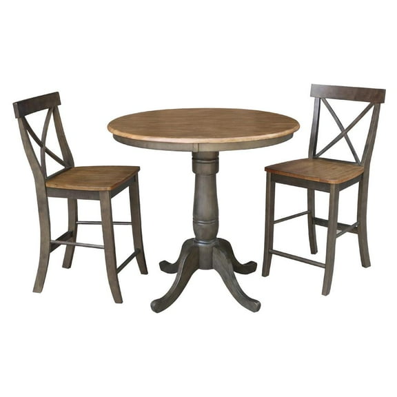 36" Round Wood Counter Height Table With 2 X-back Stools in Hickory/Washed Coal