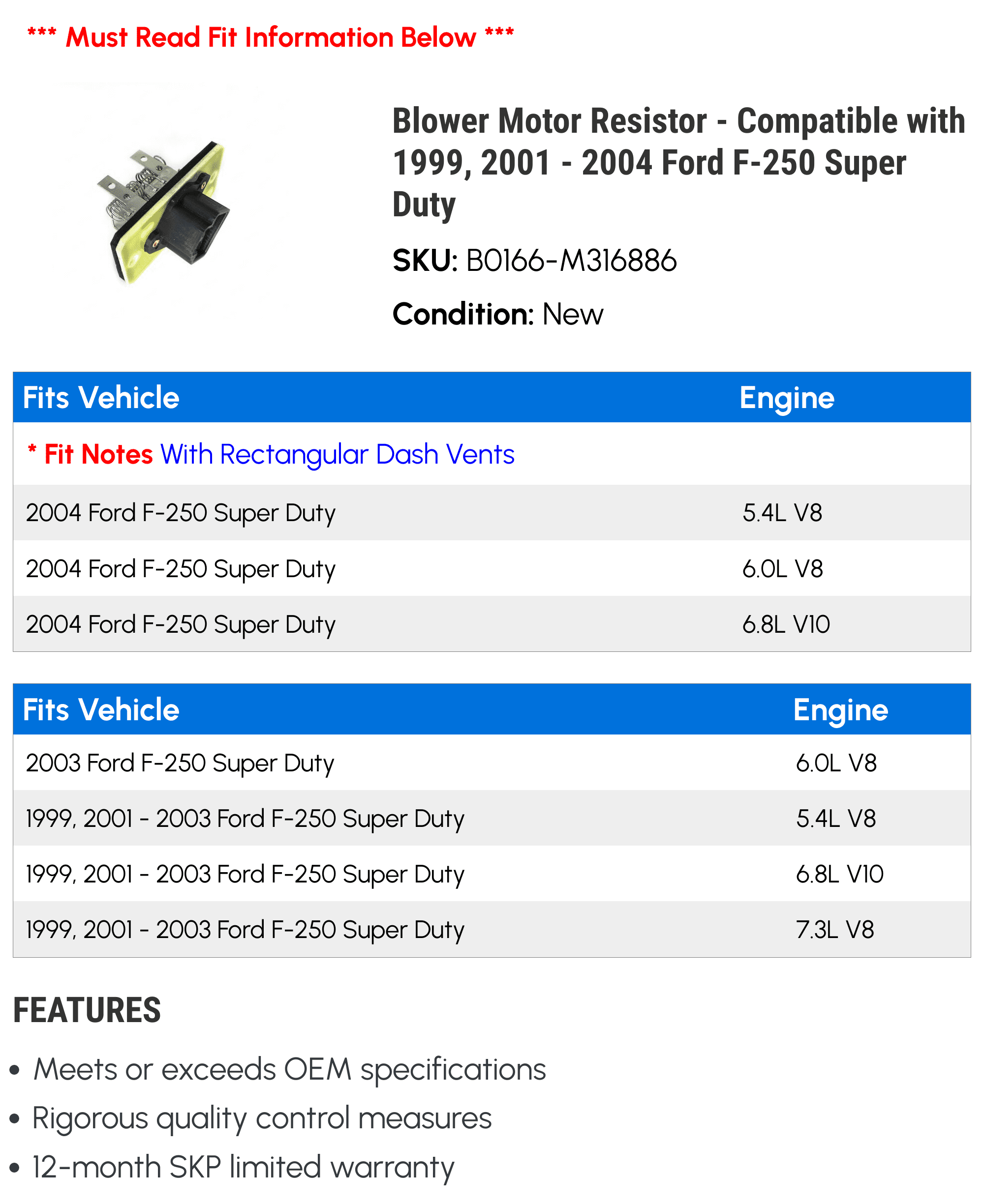 Blower Motor Resistor - Compatible with 1999, 2001 - 2004 Ford F-250 Super Duty 2002 2003