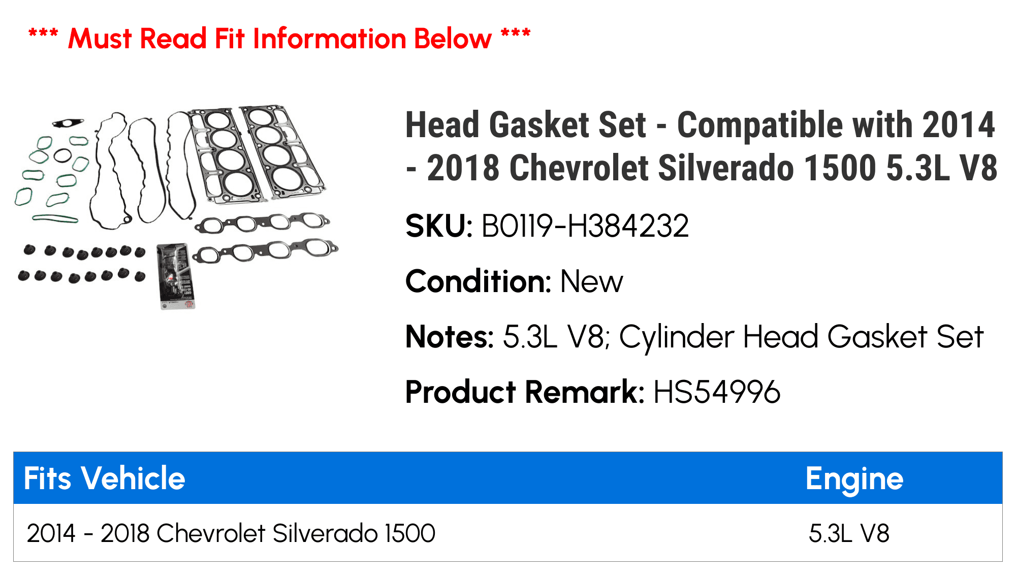 Head Gasket Set Compatible with 2014 2018 Chevy Silverado 1500 5.3L V8  2015 2016 2017